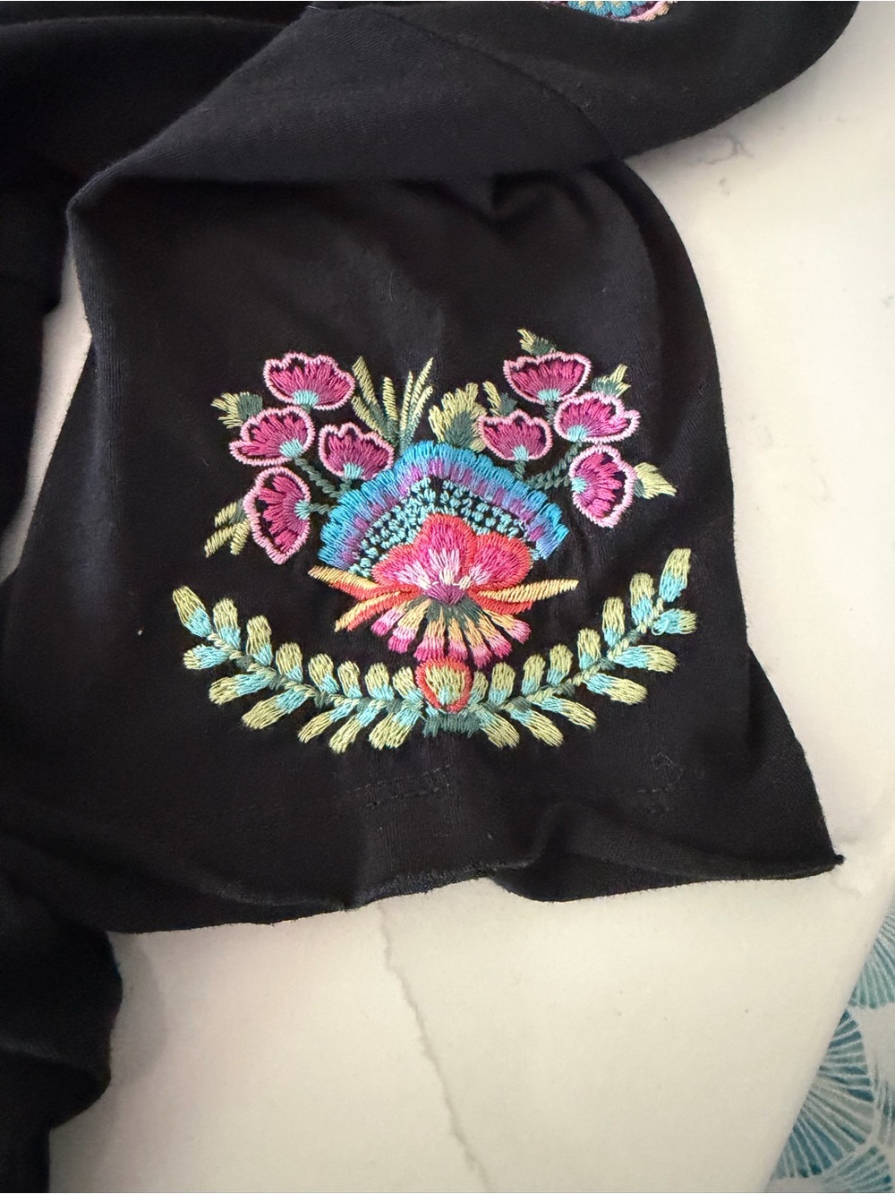 Johnny Was Black V-Neck Tee with Bright Multicolor Floral Embroidery - Picture 4 of 5